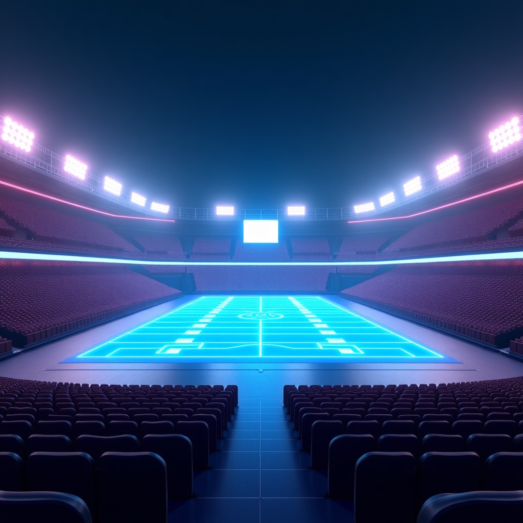 A futuristic Super Bowl stadium at night with high-tech neon lights and holographic displays showing AI circuit patterns. Cinematic lighting, wide shot, professional sports broadcast atmosphere. 4:3