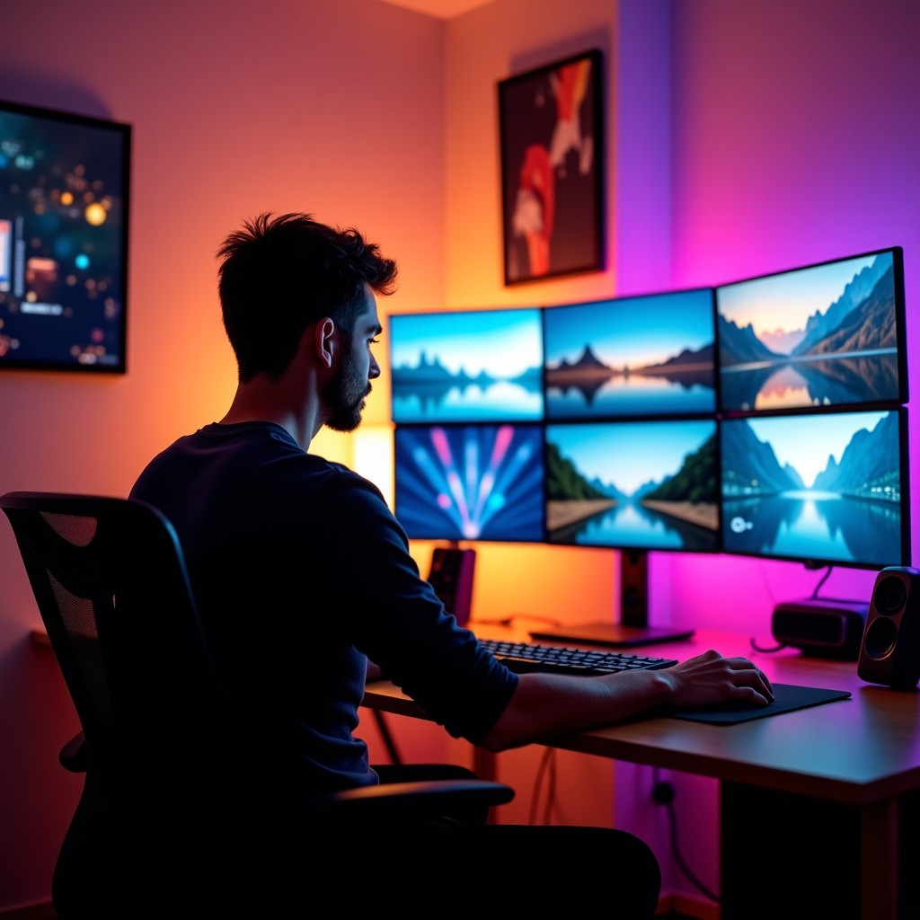 A modern creative studio where a person is working with advanced AI tools on multiple screens showing colorful cinematic scenes. Warm lighting, lifestyle photography. 4:3
