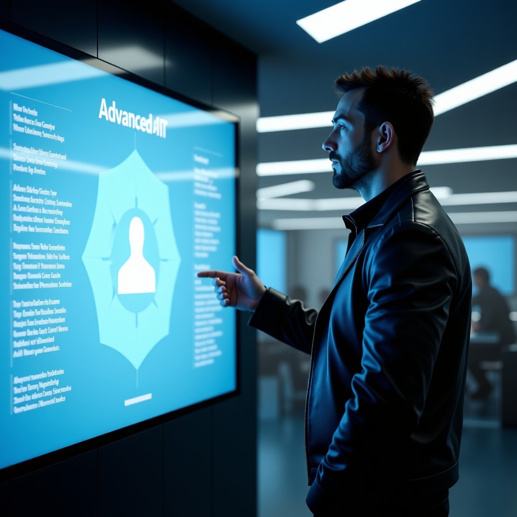 A charismatic CEO in a black leather jacket presenting advanced AI strategies on a large transparent screen in a futuristic corporate boardroom, cinematic lighting, high contrast, 4:3