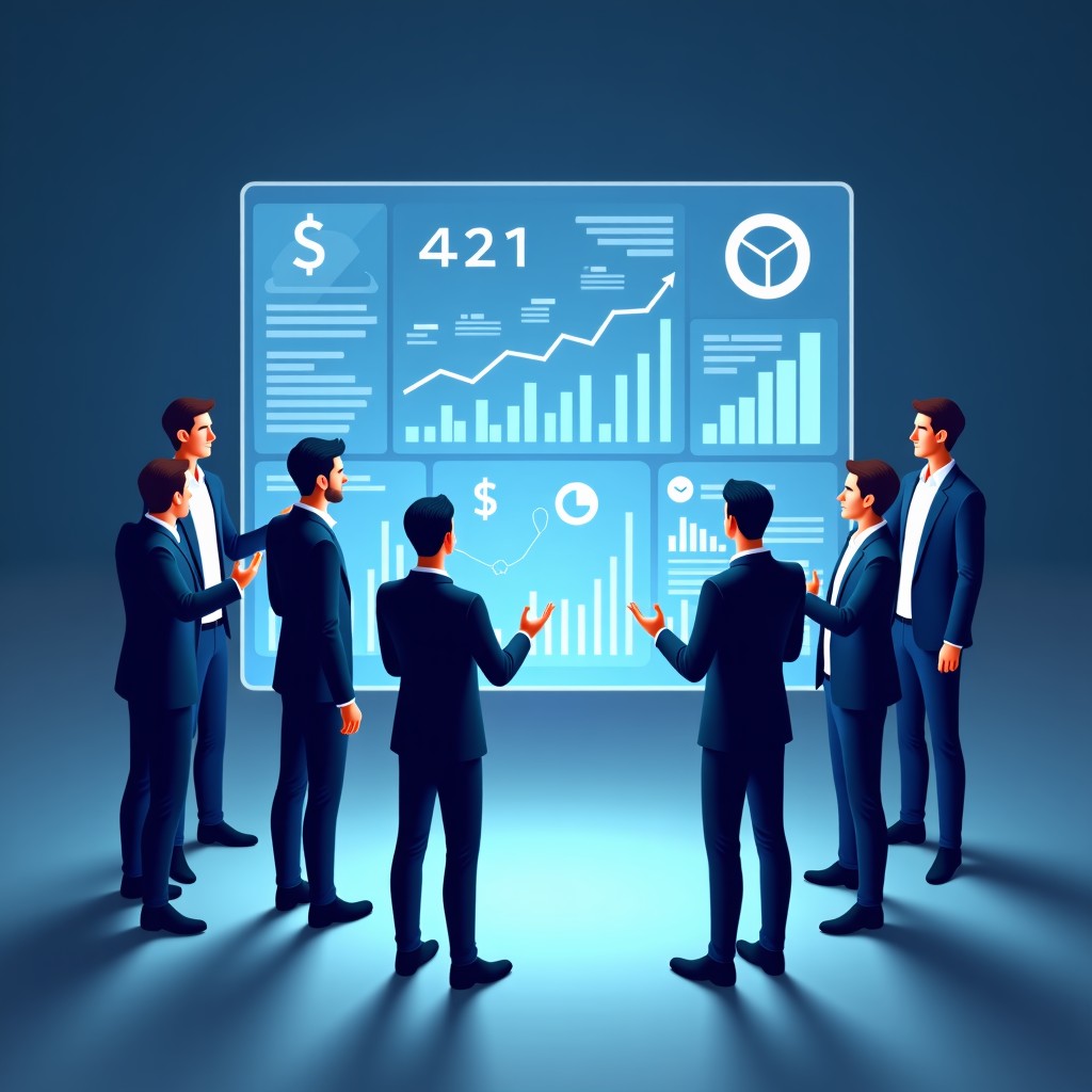 A small group of focused tech professionals standing around a large holographic data dashboard displaying complex financial analytics and AI performance metrics. They look collaborative and modern. Natural professional attire. 4:3