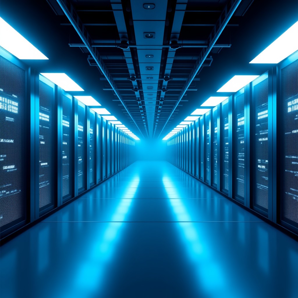 A futuristic and massive data center facility with glowing blue lights and advanced cooling systems, clean high-tech architecture, wide-angle cinematic shot, 4:3