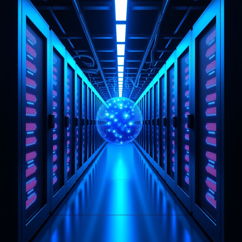 A futuristic high-tech data center with glowing blue and purple server racks. Translucent digital nodes and connections represent an AI agent monitoring data streams in real-time. High contrast, cinematic lighting, modern technology atmosphere, 4:3