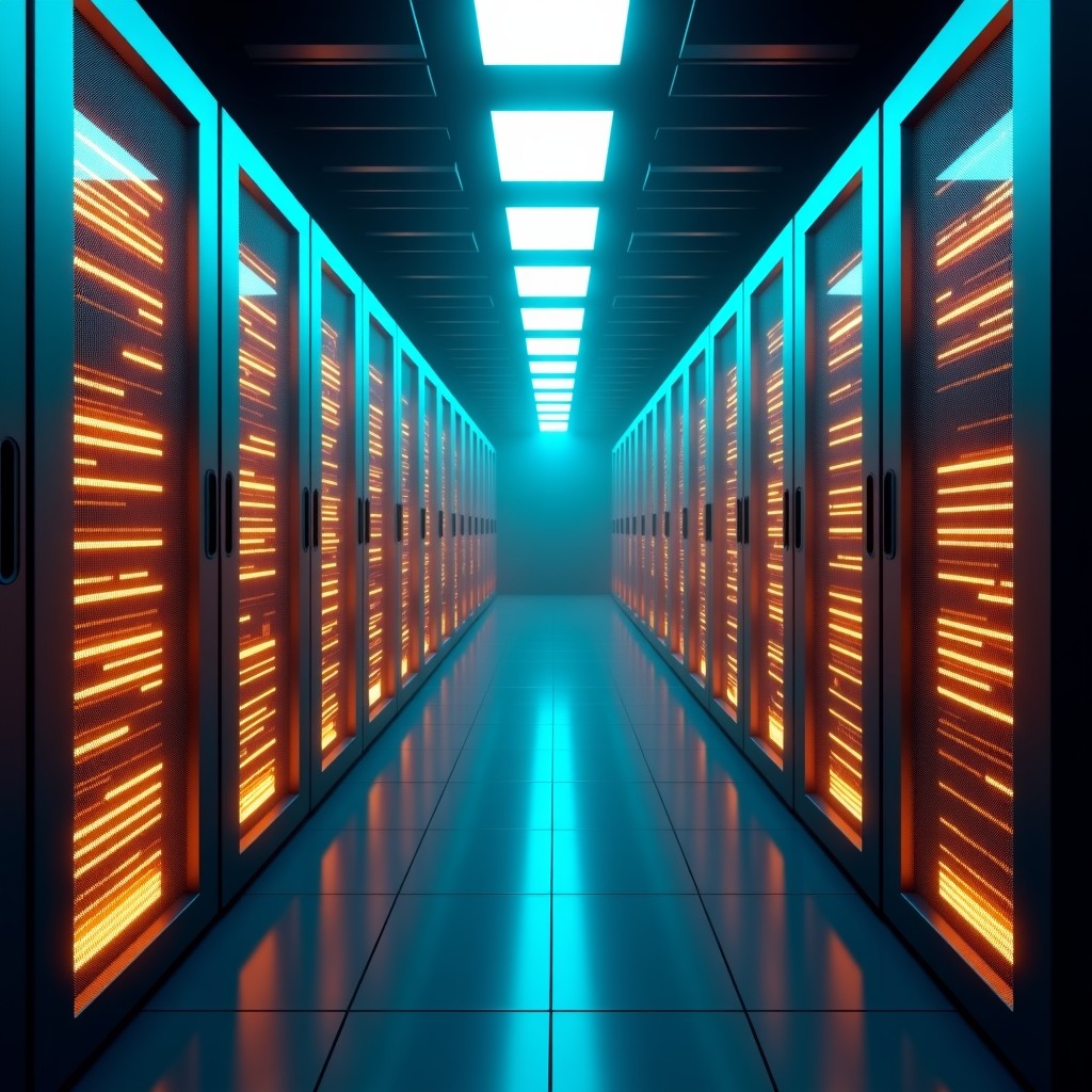 A futuristic data center with rows of glowing server racks and digital data streams flowing through the air, high-tech aesthetic, cyan and gold lighting, 4:3