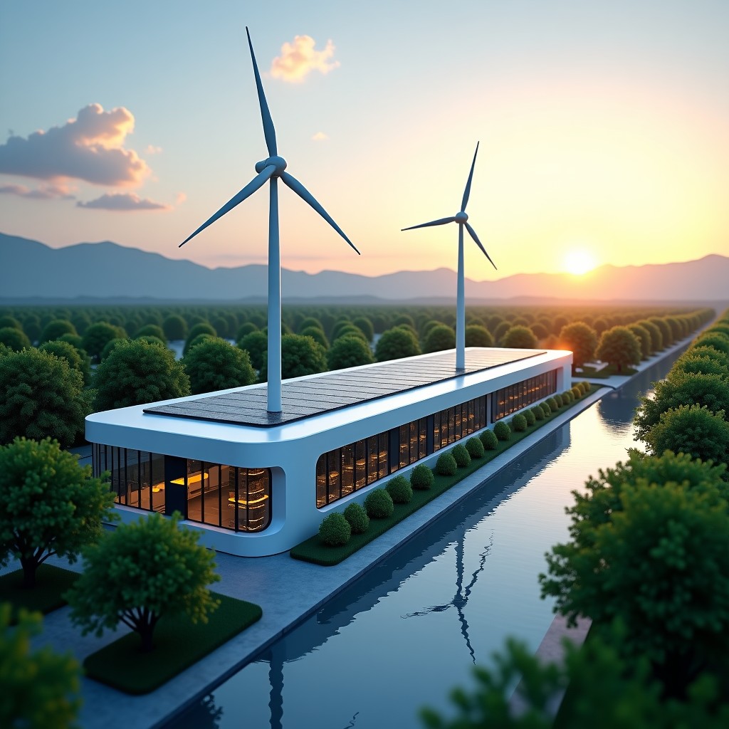 A futuristic and sustainable data center integrated with green energy sources like solar panels and wind turbines, soft sunset lighting, clean architectural lines, high quality photography style, 4:3
