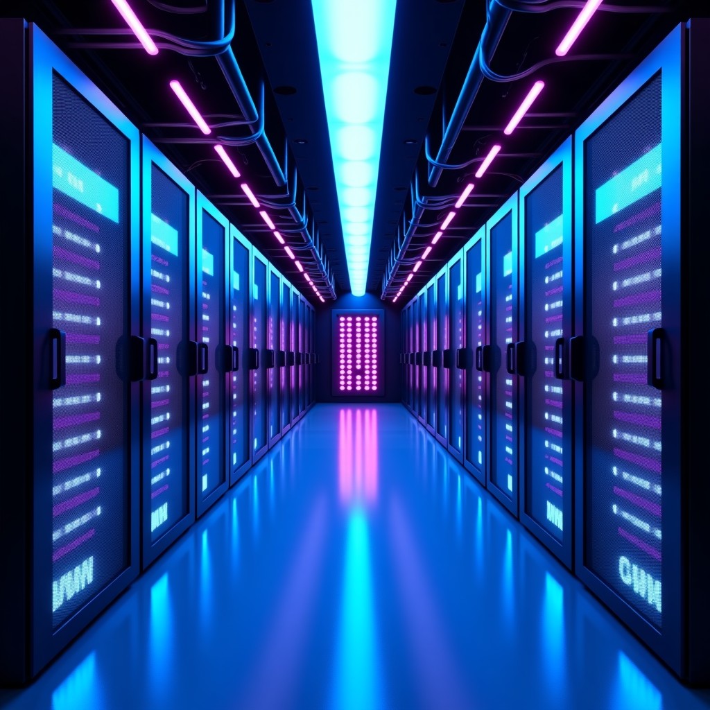 A futuristic data center with glowing blue and purple fiber optic cables, high-tech server racks, sleek and modern atmosphere, cinematic lighting, 4:3