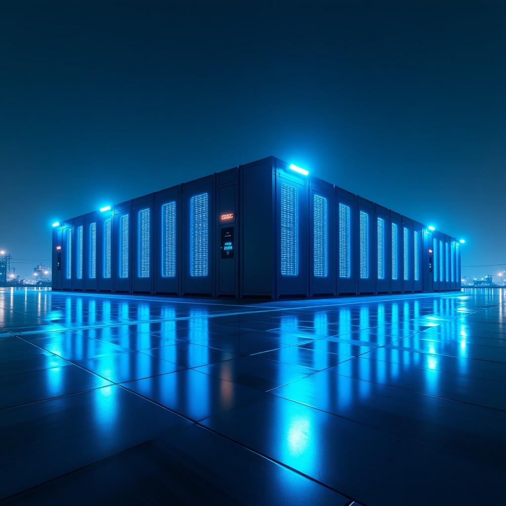 A futuristic large-scale data center facility at night with glowing blue lights, integrated with high-tech industrial power generators, professional architectural photography style, 1:1