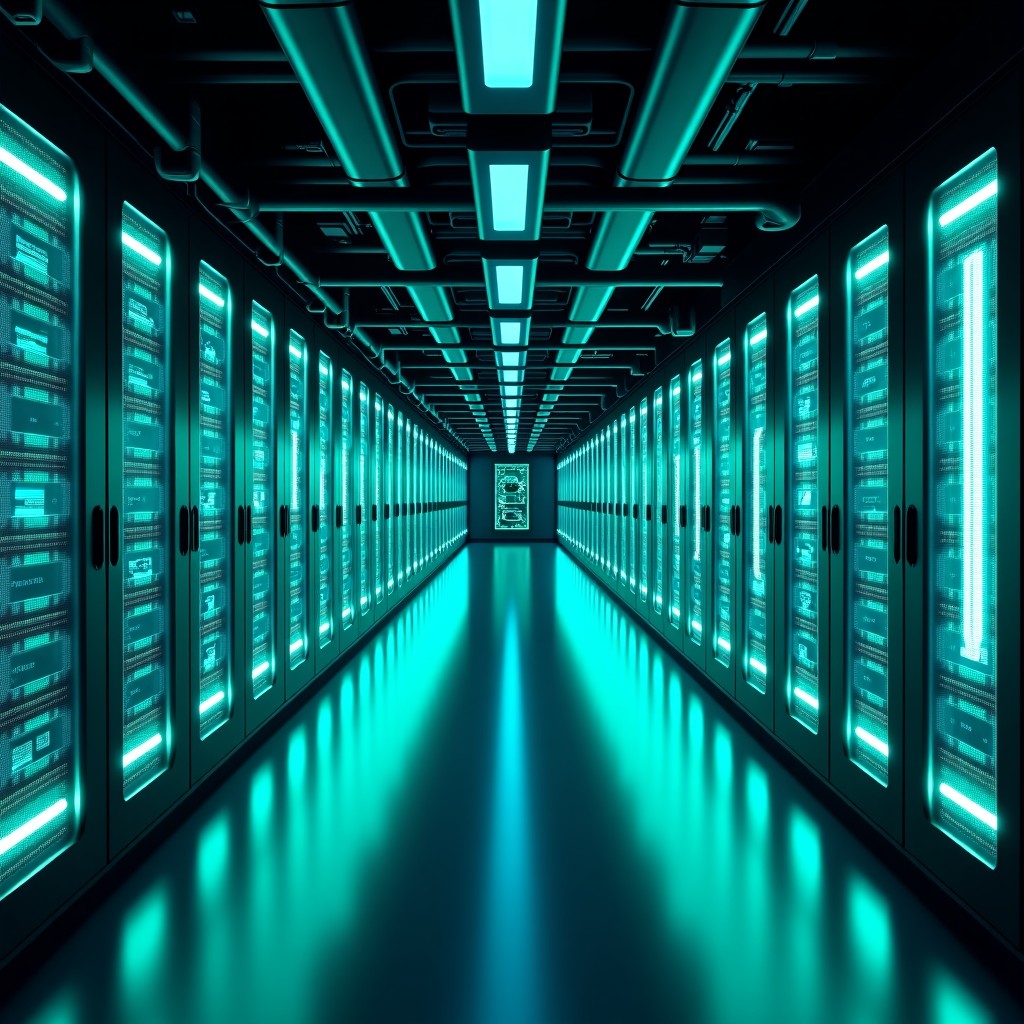 A futuristic AI data center with glowing blue and green light circuits, advanced cooling infrastructure, high-tech atmosphere, cinematic lighting, 4:3