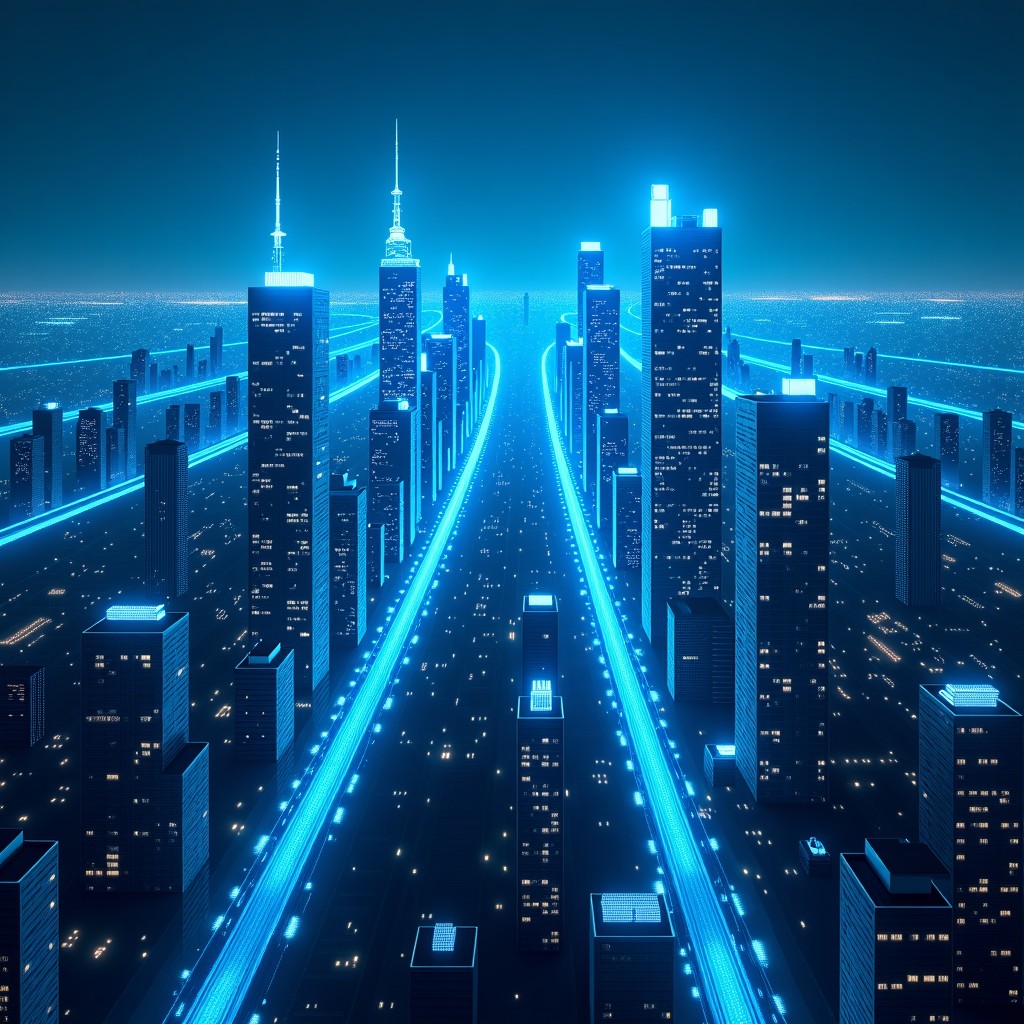 A wide angle view of a futuristic smart city with high-rise commercial buildings, glowing blue data lines connecting the skyscrapers, representing the integration of AI in real estate infrastructure, cinematic lighting, 4:3