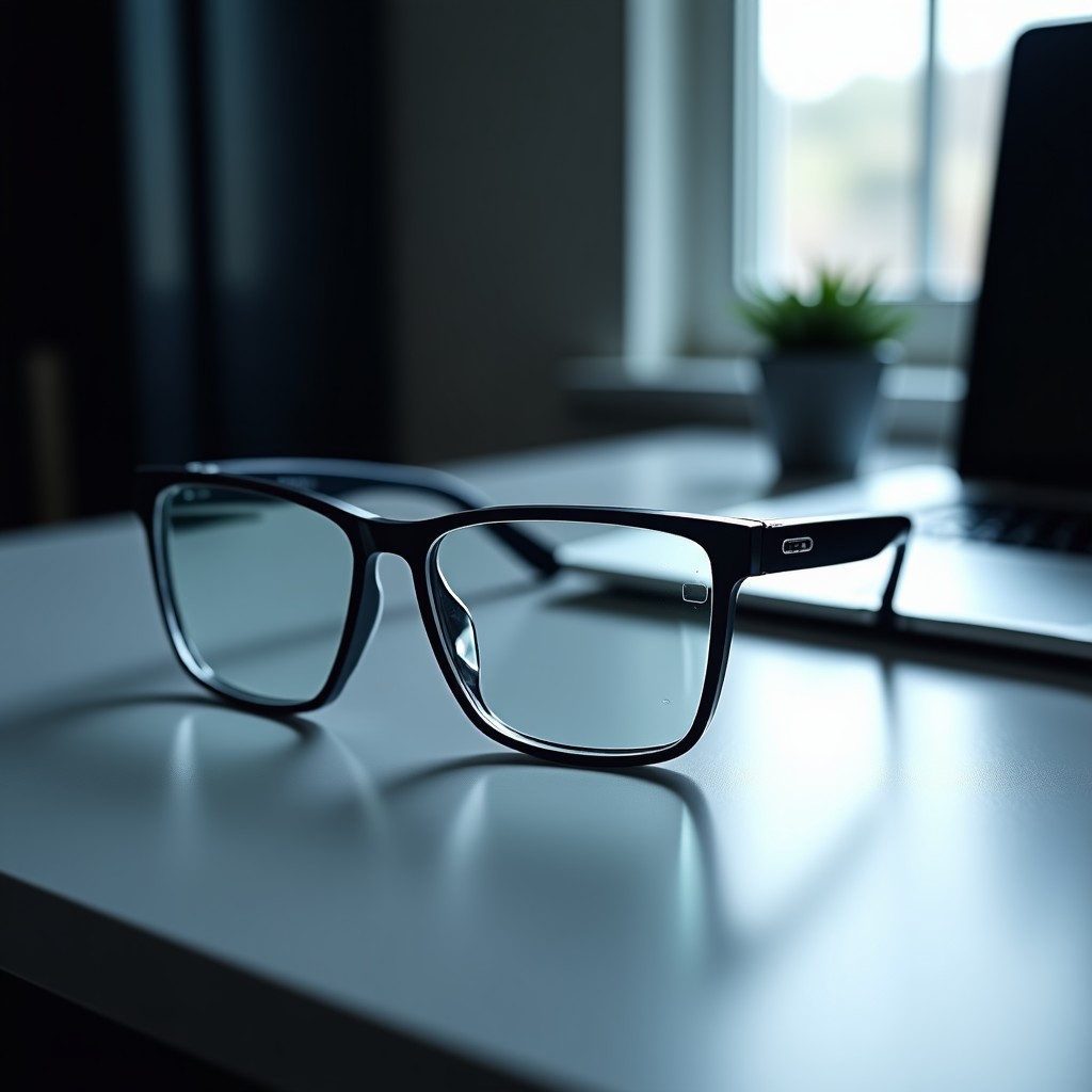 Professional product photography of modern smart glasses with transparent lenses and a sleek titanium frame, subtle light reflecting off the lens, placed on a designer desk, high-end tech vibe, no text, 4:3
