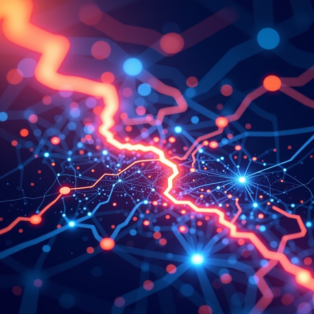 An abstract and artistic representation of a digital marketplace where visual elements flow like a stream of data. Vibrant colors, conceptual layout, clean lines, high contrast. 4:3