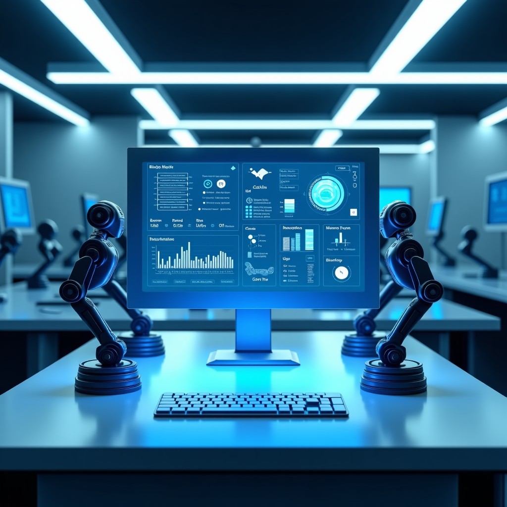 A futuristic digital interface showing a robotics software control panel with complex data visualizations and 3D robot arm models. The lighting is neon blue and white, clean high-tech laboratory setting. 4:3