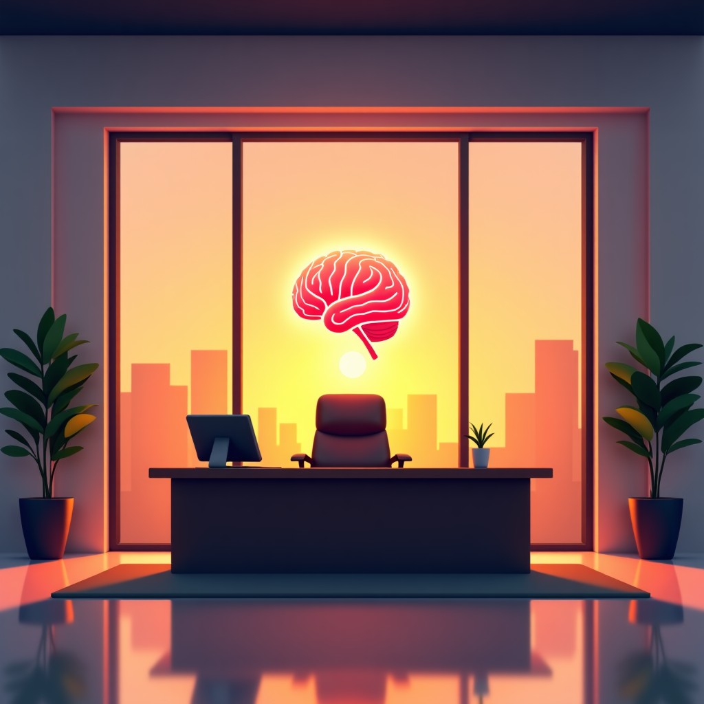 A professional digital illustration of a sleek modern law office interior with a floating holographic brain icon above a wooden desk. Warm sunset lighting through large windows, high contrast, clean minimalist layout. 4:3