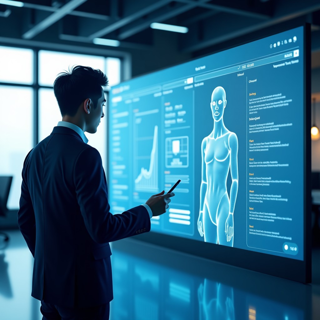 A modern high-tech office environment where a Korean professional and a translucent digital AI persona are looking at a large holographic project management dashboard together. The atmosphere is collaborative and professional with soft blue and white lighting. 4:3