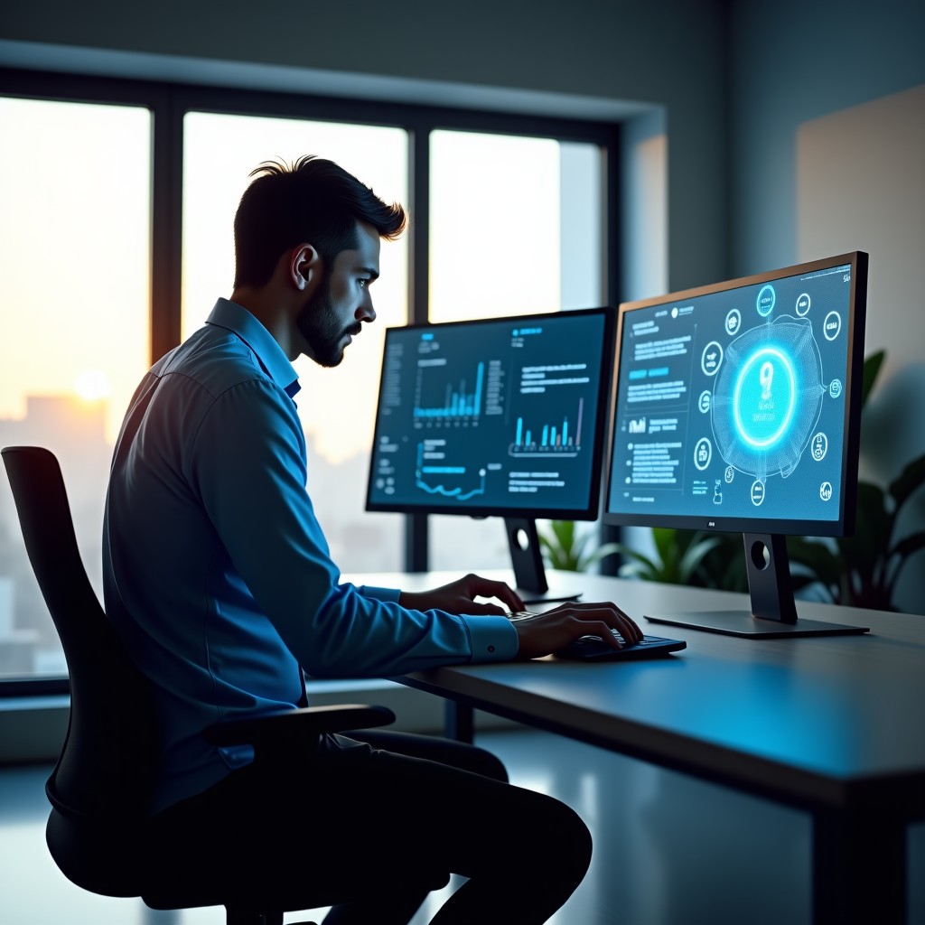 A professional man working at a minimalist desk with high-tech monitors, transparent holographic interface showing data flow and AI connectivity, natural sunlight, cinematic lighting, 4:3