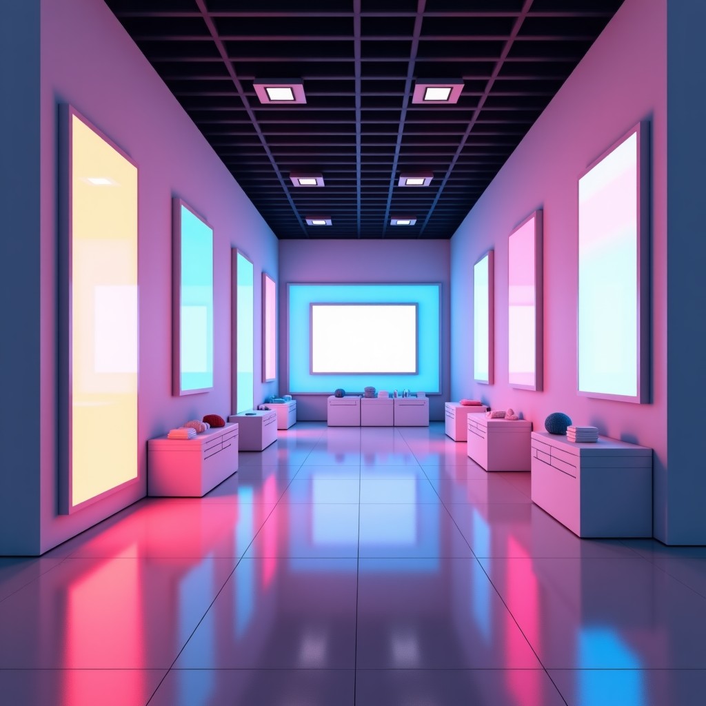 An artistic rendering of a futuristic retail store with digital displays and sleek design, vibrant lighting, professional architectural visualization, 4:3