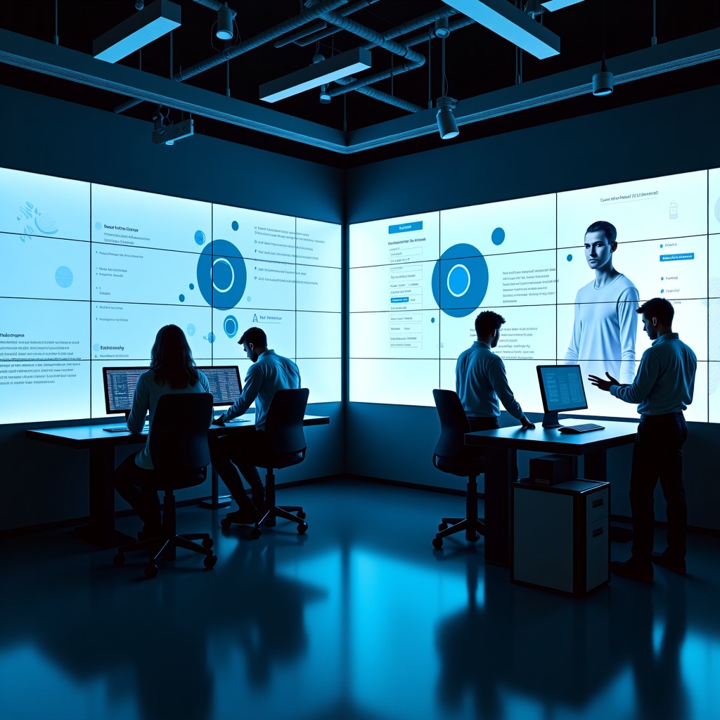 A futuristic film production studio with large screens displaying cinematic AI interfaces, creative professional filmmakers working with advanced digital tools, sleek and modern environment, soft cinematic lighting, high-quality digital workspace, Amazon AI 도구. 16:9