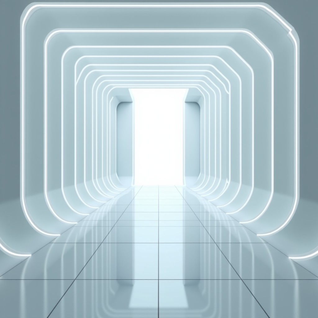 A futuristic minimalist AI research laboratory with holographic data streams and clean white interior design 4:3