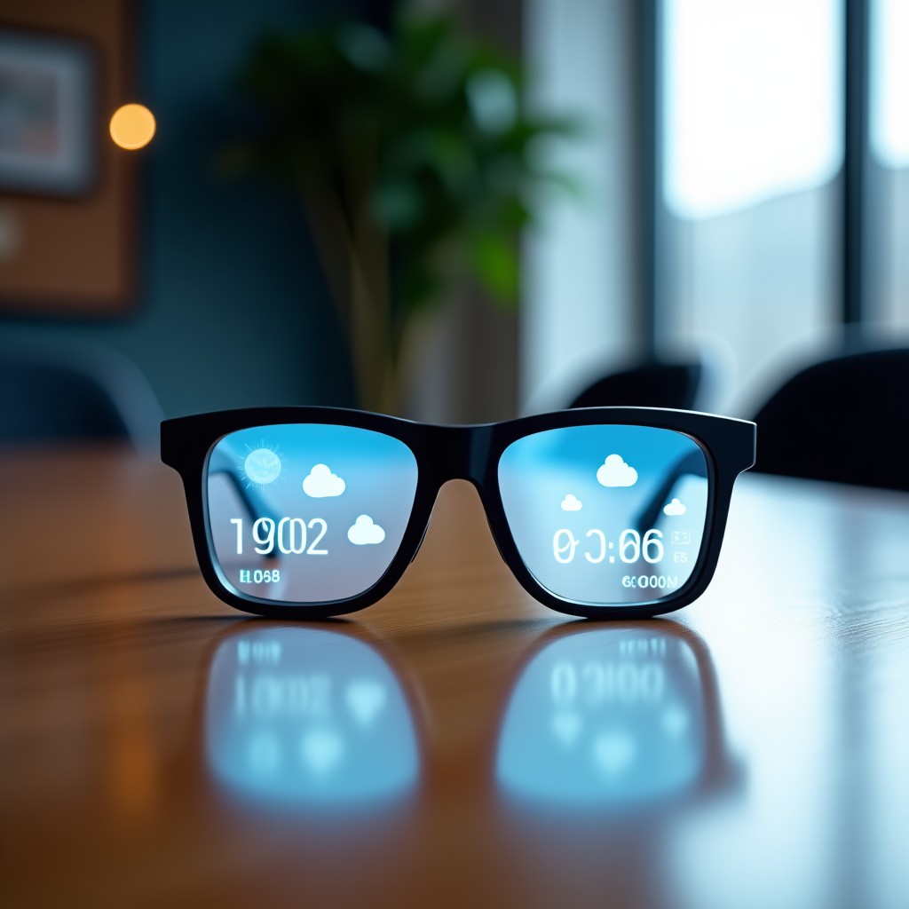 A pair of sleek and stylish augmented reality smart glasses sitting on a wooden desk. The lenses show faint digital overlays of weather and notifications. Minimalist and professional office setting, cinematic lighting, 4:3