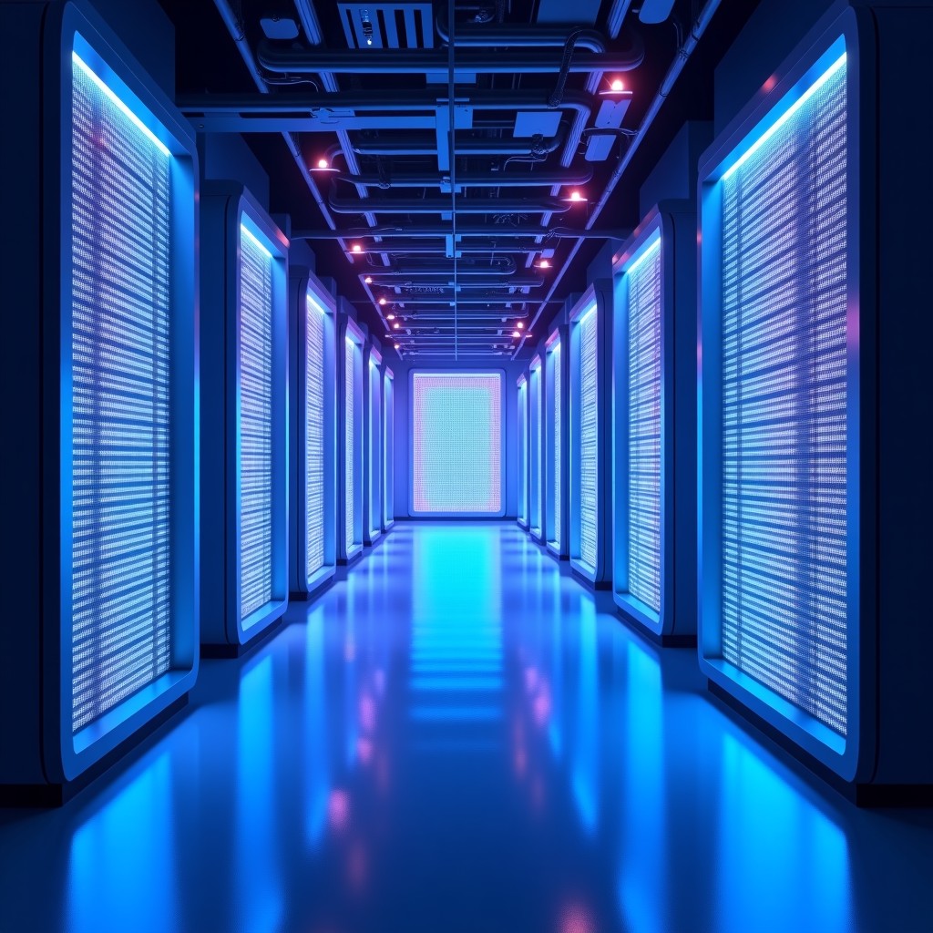 A futuristic cloud AI data center with glowing blue and purple server racks, holographic data streams floating in the air, modern and sleek architectural design, high-tech atmosphere, 4:3