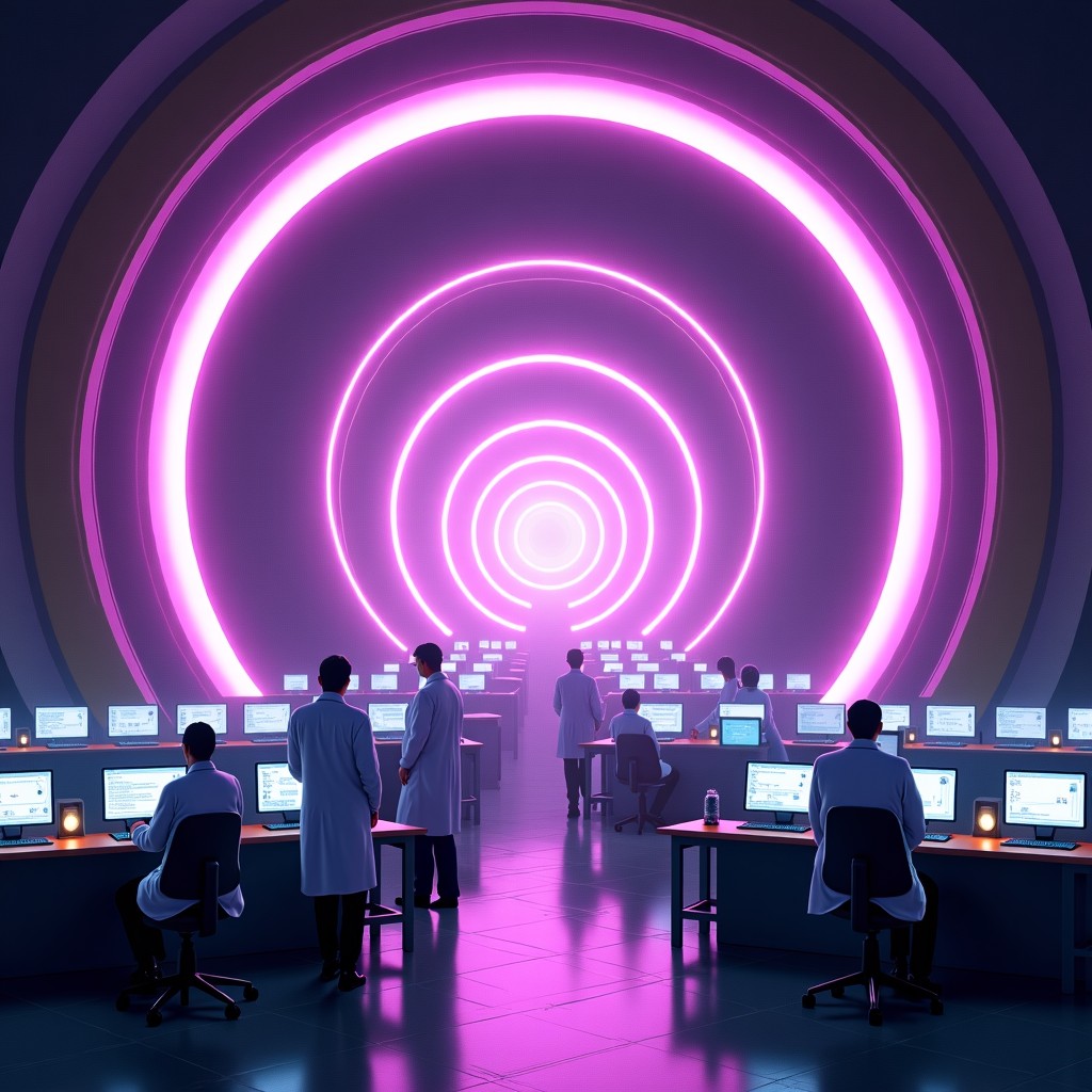 Inside a futuristic fusion reactor facility with massive circular magnetic coils glowing with purple light, engineers in white lab coats monitoring panels, cinematic lighting, detailed technical environment, 4:3