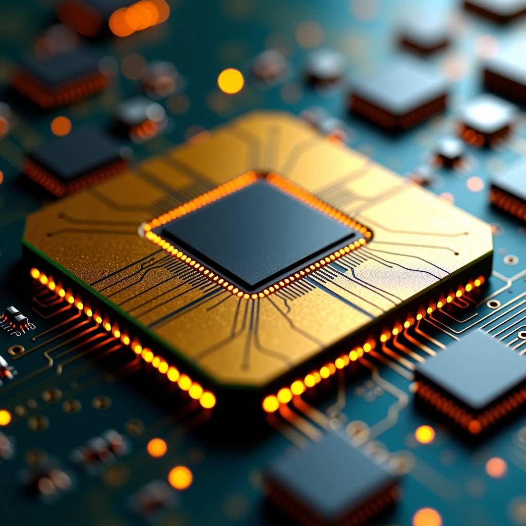 Close-up macro shot of a sophisticated AI semiconductor chip with complex golden circuits and silicon patterns. The surface reflects subtle iridescent light. High-tech manufacturing aesthetic, 4:3