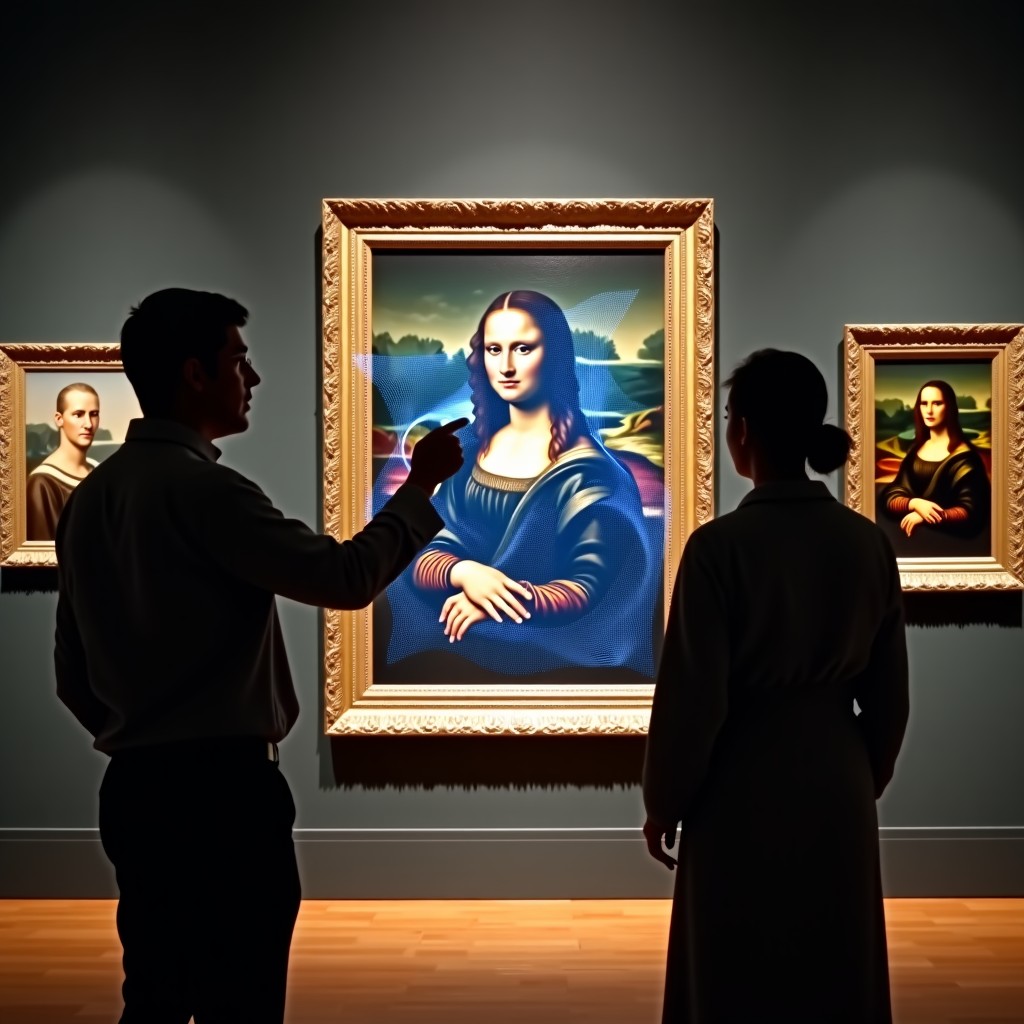 A sophisticated AI interface analyzing a 15th-century oil painting in a dimly lit museum gallery. Holographic data overlays and scanning lines are visible over the canvas showing detailed brushstroke patterns. Modern laboratory feel combined with classic art. 4:3