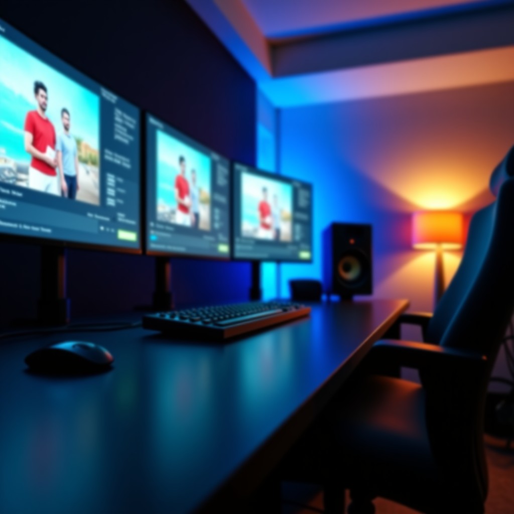 A cinematic low-angle shot of a modern video editing studio with multiple monitors showing blurred YouTube video timelines. The room is dimly lit with blue and orange ambient light. A professional editing console is in focus in the foreground. No people visible. High quality photography style. 4:3