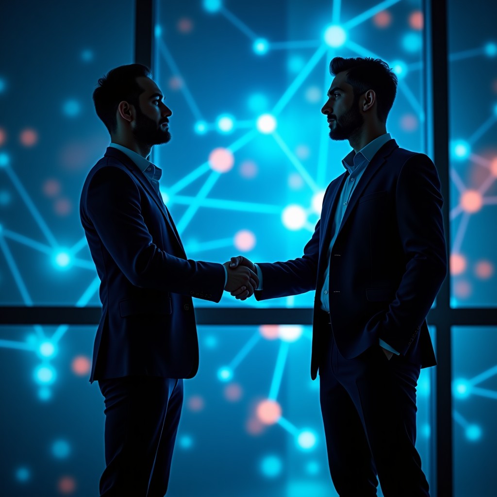 A professional and modern business setting showing a strategic partnership between a European tech startup and a global consulting firm. The atmosphere is collaborative with digital AI network patterns in the background. High contrast, clean layout, cinematic lighting. 4:3