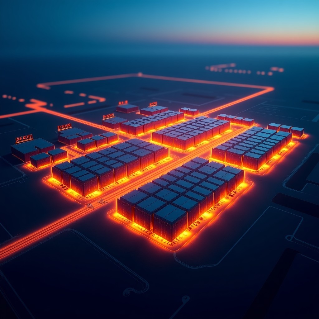An aerial thermal drone shot of a massive industrial data center complex at night, glowing orange and yellow heat signatures from machinery against a dark blue background, high contrast, cinematic atmosphere, 4:3