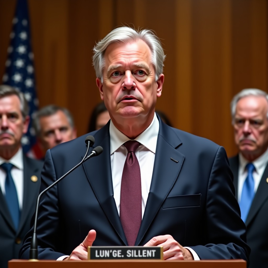 A serious executive figure giving a statement in a press conference setting, focused and firm expression, professional photography, 4:3