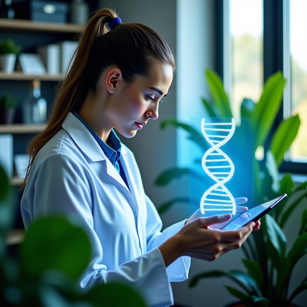 A scientist looking at a digital hologram of a DNA helix combined with environmental icons like green leaves, modern laboratory setting, soft natural light. 1:1