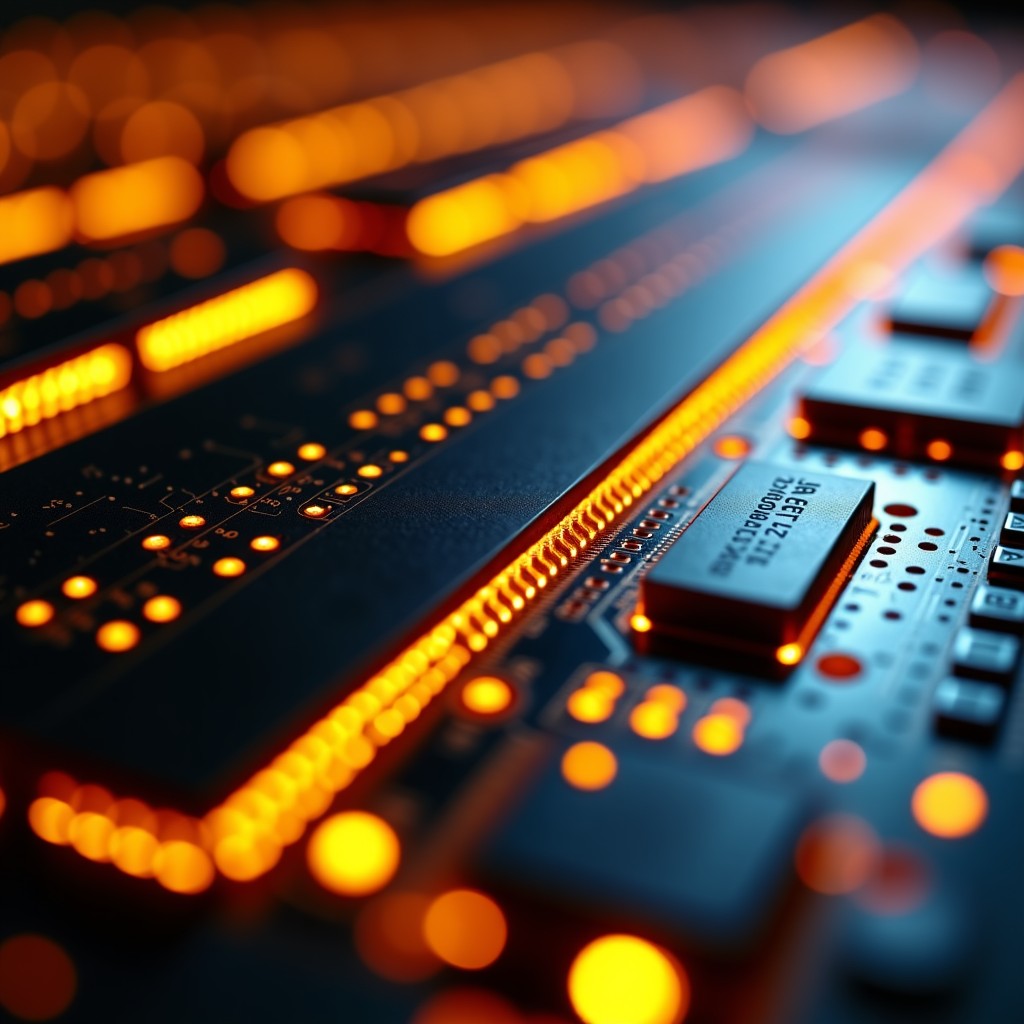 Macro photography of high-performance GDDR memory chips on a circuit board, golden paths and intricate silicon patterns, glowing elements, professional laboratory lighting, 4:3