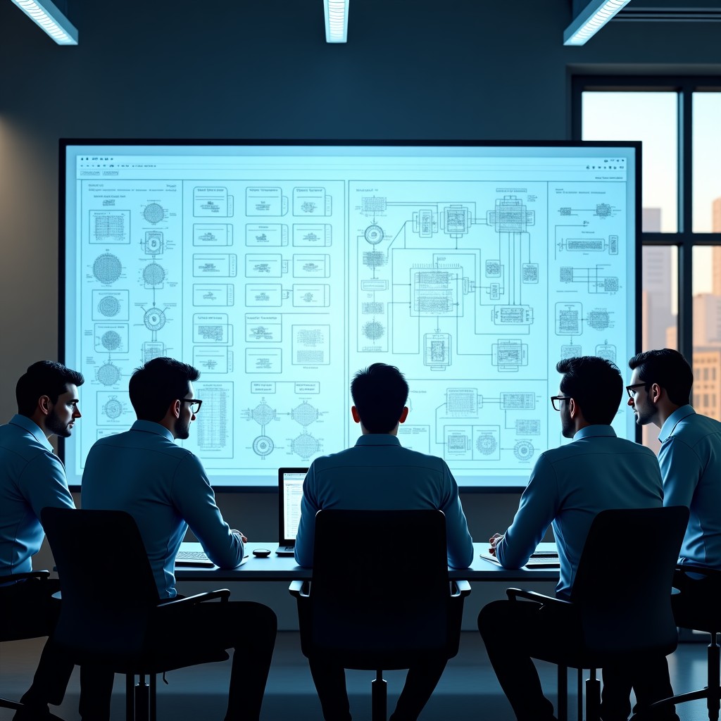 A group of professional Indian engineers in a modern office looking at complex circuit diagrams on a large screen. High-tech workspace, natural sunlight from windows, collaborative atmosphere, no text. 1:1