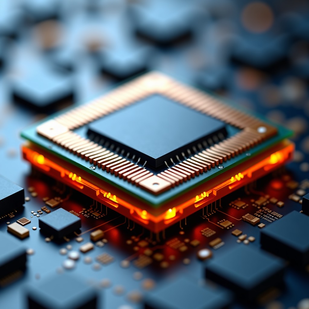 Close up shot of a semiconductor chip architecture showing different memory layers, high tech metallic texture, macro photography, 4:3