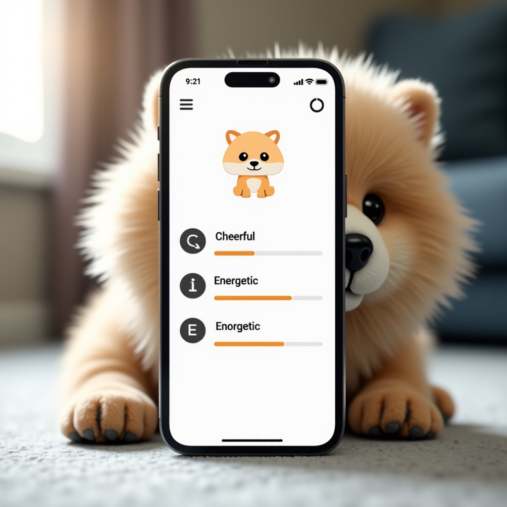 A smartphone screen displaying a simple app interface with status bars for a pet robot. The app shows words like Cheerful and Energetic with minimalist icons. A blurred fluffy robot is in the background. 1:1