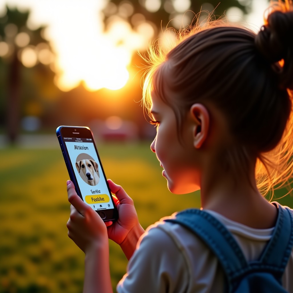 A young girl looking at a smartphone app showing a missing dog alert in a neighborhood park. Warm sunset lighting, emotional and hopeful expression, high quality photography. 4:3