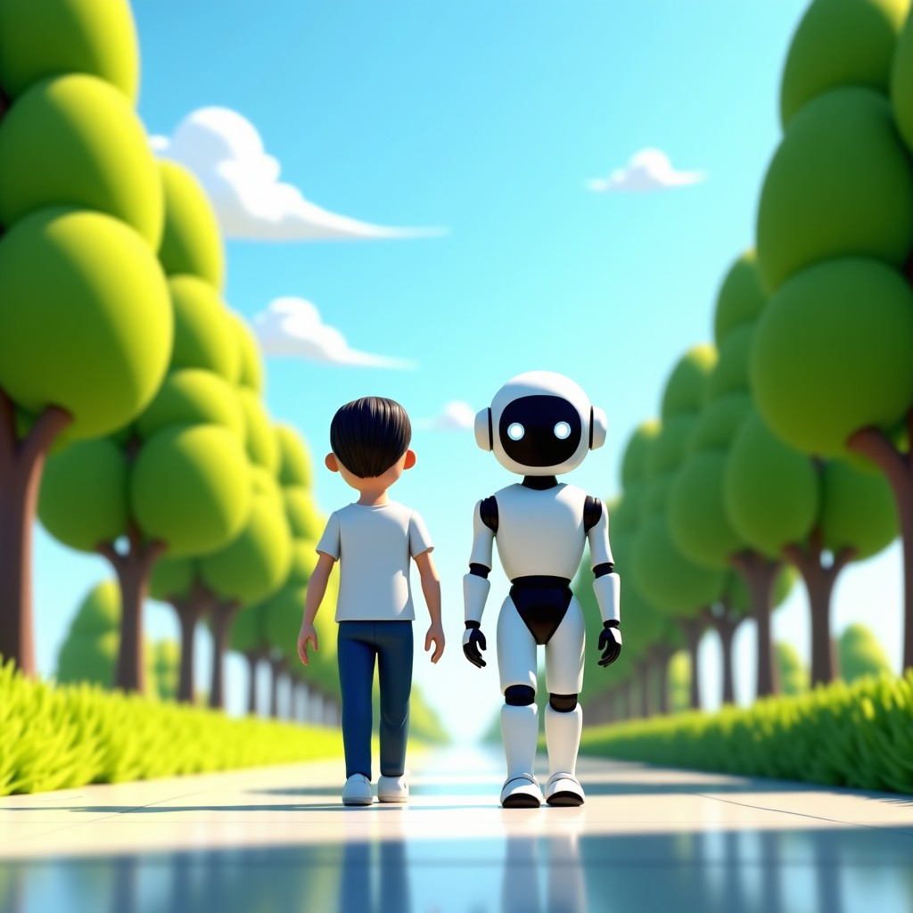 A human and a sleek white robot walking side by side through a bright and clean futuristic park. Vibrant green trees and blue sky. Wide shot representing a harmonious future. 4:3