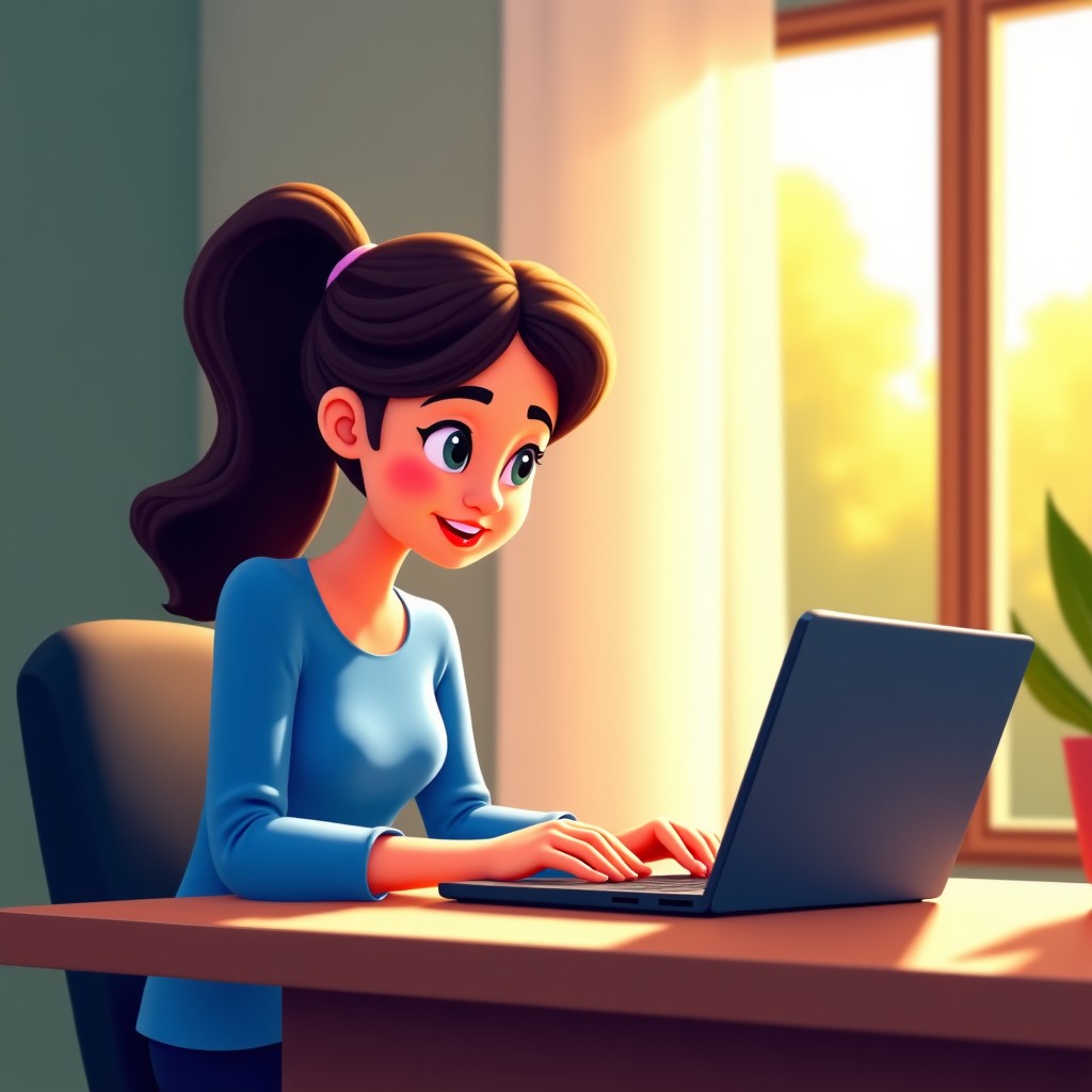 A professional content creator working on a sleek laptop in a bright and airy home office, focusing on the screen, digital art style, warm sunlight coming through the window. 4:3