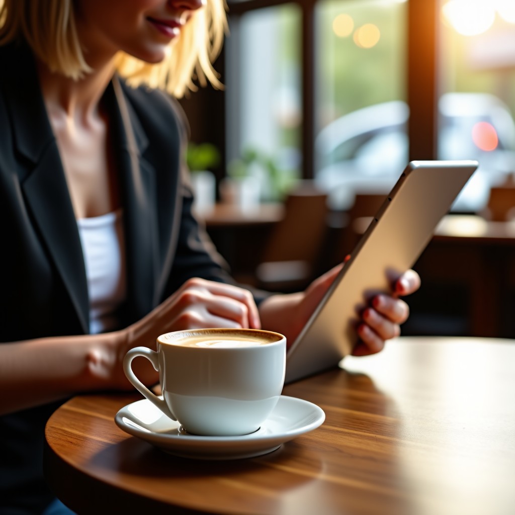 A person using a slim silver tablet in a cozy sunlit cafe with a cup of coffee on a wooden table lifestyle photography 4:3