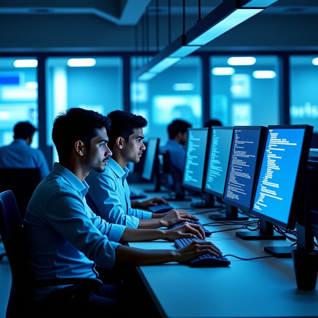 Group of Indian software engineers working together in a high-tech modern office in Bangalore, rows of computers with code and AI neural network visualizations, bright and professional atmosphere, realistic photography, 4:3