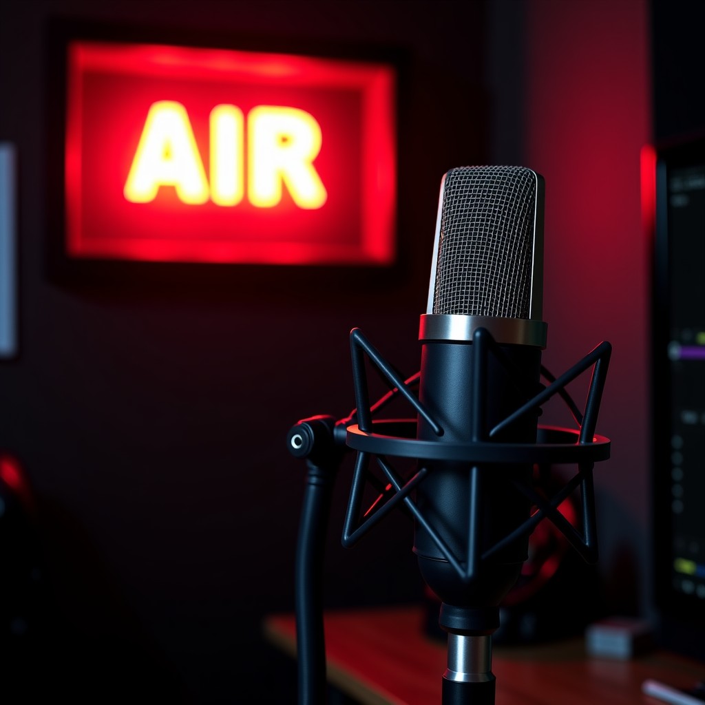 A professional broadcast microphone in a dark studio setting with a faint red ON AIR sign that is slowly flickering or turned off, cinematic atmosphere, modern lighting, high contrast 1:1