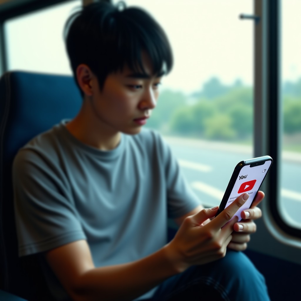 A young Korean person sitting on a modern bus, looking at their smartphone with the YouTube app interface visible showing a downloaded video icon. Natural lighting from the window, cinematic lifestyle photography, 4:3.