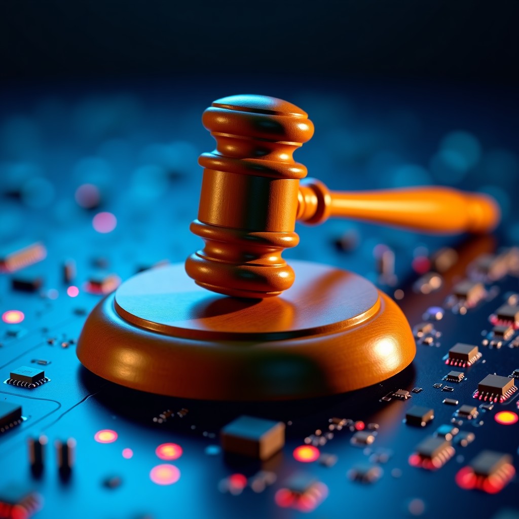 A wooden judge gavel resting on top of a glowing electronic circuit board, representing the intersection of law and technology, sharp focus, professional lighting, colored background, no text, 4:3