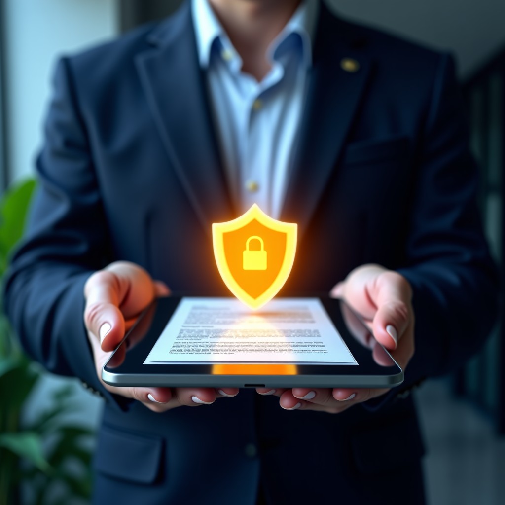 A high-contrast conceptual image of a digital tablet displaying a law document with a glowing shield icon, representing online safety regulation and legal protection, professional setting, 4:3
