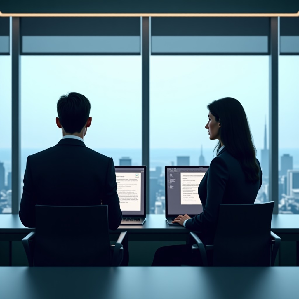 A professional and modern legal office setting where lawyers are using advanced AI software on large sleek monitors to review documents, clean and bright environment, realistic lighting, 4:3