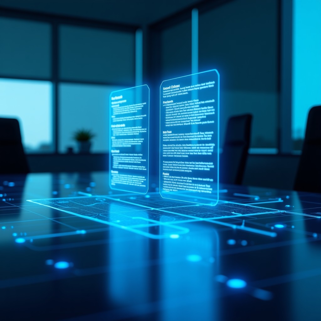 A futuristic digital interface showing legal documents being analyzed by artificial intelligence, professional blue tones, modern office background, Anthropic AI legal tool theme, 4:3