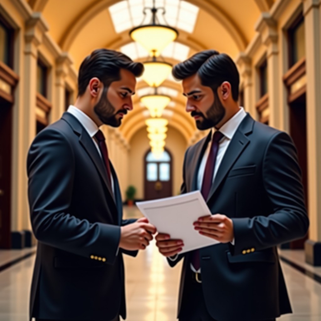Professional lawyers in formal suits discussing legal documents in a grand, modern courthouse lobby in India. The atmosphere is serious and focused, with warm indoor lighting and architectural depth. 4:3.