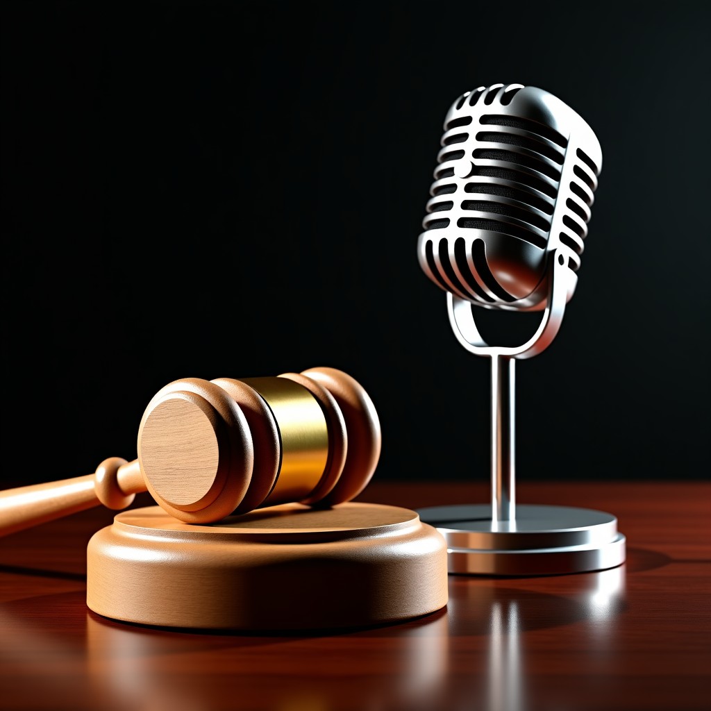 A wooden judge gavel resting next to a vintage silver broadcasting microphone on a dark mahogany desk, dramatic shadows, realistic professional photography. 4:3