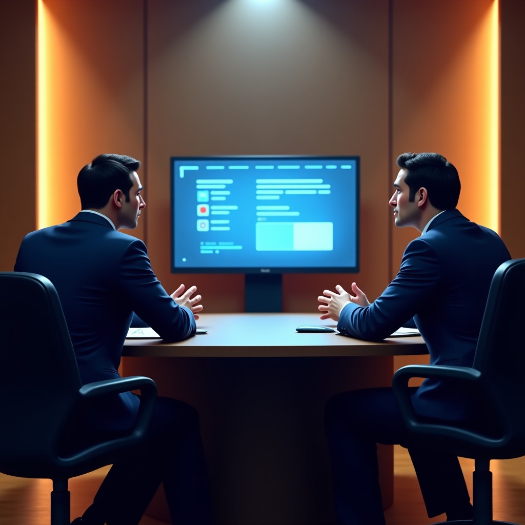 A professional courtroom setting with lawyers and tech experts engaged in a serious discussion. Digital evidence is displayed on a monitor in the background. The atmosphere is intense and formal, reflecting a high stakes legal battle against tech giants. 4:3