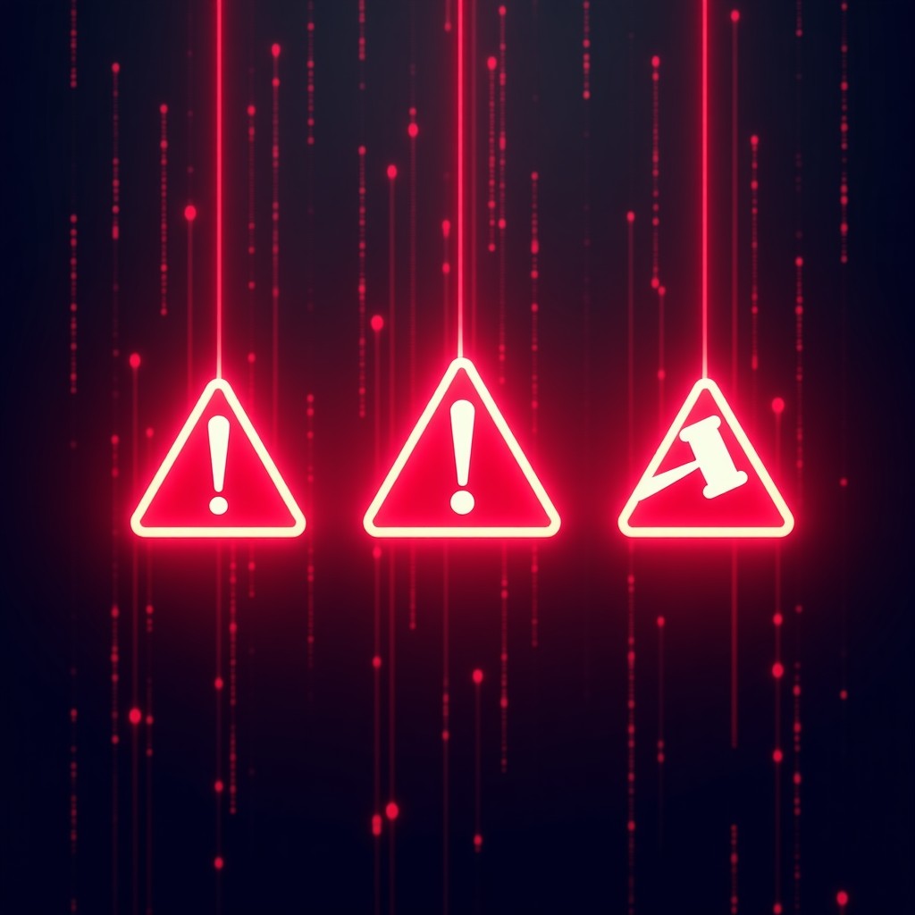 An abstract visual representation of digital data being interrupted by glowing red warning symbols and gavel icons. A dark background with neon light streaks. Represents legal controversy in the tech industry. 4:3